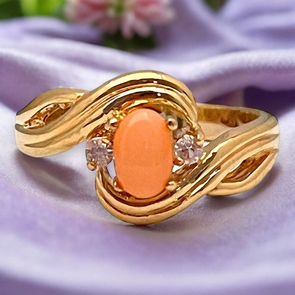 Vintage 1970s Ring Size 8 Genuine Coral Cabochon CZ Bypass Gold Plated - 14M